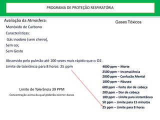 Absorvido pelo pulmão até 100 vezes mais rápido que o O2.
Limite de tolerância para 8 horas: 25 ppm
Avaliação da Atmosfera:
Monóxido de Carbono
Características:
Gás inodoro (sem cheiro),
Sem cor,
Sem Gosto
4000 ppm – Morte
2500 ppm – Inconsciência
2000 ppm – Confusão Mental
1000 ppm – Náusea
600 ppm – Forte dor de cabeça
200 ppm – Dor de cabeça
100 ppm – Limite para instantâneo
50 ppm – Limite para 15 minutos
25 ppm – Limite para 8 horas
Limite de Tolerância 39 PPM
Concentração acima da qual poderão ocorrer danos
Gases Tóxicos
PROGRAMA DE PROTEÇÃO RESPIRATÓRIA
 