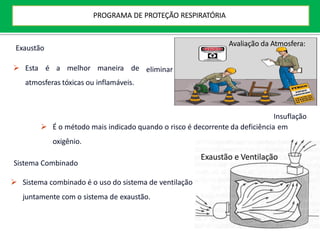 eliminar
Exaustão
 Esta é a melhor maneira de
atmosferas tóxicas ou inflamáveis.
Insuflação
 É o método mais indicado quando o risco é decorrente da deficiência em
oxigênio.
Sistema Combinado
 Sistema combinado é o uso do sistema de ventilação
juntamente com o sistema de exaustão.
Avaliação da Atmosfera:
Exaustão e Ventilação
PROGRAMA DE PROTEÇÃO RESPIRATÓRIA
 