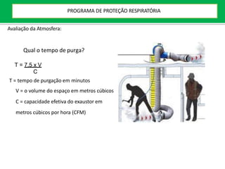 Avaliação da Atmosfera:
Qual o tempo de purga?
T = 7.5 x V
C
T = tempo de purgação em minutos
V = o volume do espaço em metros cúbicos
C = capacidade efetiva do exaustor em
metros cúbicos por hora (CFM)
PROGRAMA DE PROTEÇÃO RESPIRATÓRIA
 