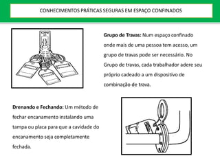 Grupo de Travas: Num espaço confinado
onde mais de uma pessoa tem acesso, um
grupo de travas pode ser necessário. No
Grupo de travas, cada trabalhador adere seu
próprio cadeado a um dispositivo de
combinação de trava.
Drenando e Fechando: Um método de
fechar encanamento instalando uma
tampa ou placa para que a cavidade do
encanamento seja completamente
fechada.
CONHECIMENTOS PRÁTICAS SEGURAS EM ESPAÇO CONFINADOS
 