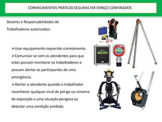 Deveres e Responsabilidades de
Trabalhadores autorizados:
Usar equipamento requerido corretamente.
Comunicar se com os atendentes para que
estes possam monitorar os trabalhadores e
possam alertar os participantes de uma
emergência.
Alertar o atendente quando o trabalhador
reconhecer qualquer sinal de perigo ou sintoma
de exposição a uma situação perigosa ou
detectar uma condição proibida
CONHECIMENTOS PRÁTICAS SEGURAS EM ESPAÇO CONFINADOS
 