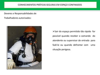 Sair do espaço permitido tão rápido for
possível quando receber o comando do
atendente ou supervisor de entrada para
fazê-lo ou quando defrontar com uma
situação perigosa.
Deveres e Responsabilidades de
Trabalhadores autorizados:
CONHECIMENTOS PRÁTICAS SEGURAS EM ESPAÇO CONFINADOS
 
