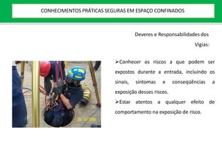 Deveres e Responsabilidades dos
Vigias:
Conhecer os riscos a que podem ser
expostos durante a entrada, incluindo os
sinais, sintomas e conseqüências a
exposição desses riscos.
Estar atentos a qualquer efeito de
comportamento na exposição de risco.
CONHECIMENTOS PRÁTICAS SEGURAS EM ESPAÇO CONFINADOS
 