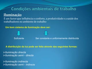 Condições ambientais de trabalhoIluminaçãoÉ um factor que influência o conforto, a produtividade e a saúde dos trabalhadores no ambiente de trabalhoUm bom sistema de iluminação deve ser:                 Suficiente                  Ser constante e uniformemente distribuída A distribuição da luz pode ser feita através das seguintes formas:Iluminação directa     