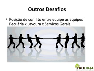 Outros Desafios Posição de conflito entre equipe as equipes Pecuária x Lavoura x Serviços Gerais 