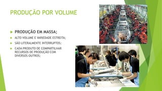 PRODUÇÃO POR VOLUME 
 PRODUÇÃO EM MASSA; 
 ALTO VOLUME E VARIEDADE ESTREITA; 
 SÃO LITERALMENTE INTERRUPTOS; 
 CADA PRODUTO DE COMPARTILHAR 
RECURSOS DE PRODUÇÃO COM 
DIVERSOS OUTROS; 
 