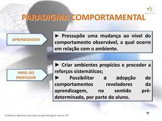 PARADIGMA COMPORTAMENTAL
                                        ► Pressupõe uma mudança ao nível do
     APRENDIZAGEM
                                        comportamento observável, a qual ocorre
                                        em relação com o ambiente.


                                        ► Criar ambientes propícios e proceder a
          PAPEL DO                      reforços sistemáticos;
         PROFESSOR                      ►      Possibilitar    a    adopção  de
                                        comportamentos          reveladores  da
                                        aprendizagem,       no     sentido  pré-
                                        determinado, por parte do aluno.


O Modelo Mastery Learning na aprendizagem com as TIC
 