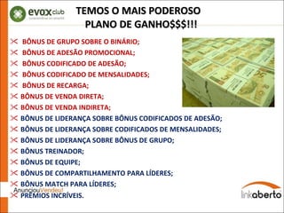 BÔNUS DE GRUPO SOBRE O BINÁRIO; BÔNUS DE ADESÃO PROMOCIONAL; BÔNUS CODIFICADO DE ADESÃO; BÔNUS CODIFICADO DE MENSALIDADES; BÔNUS DE RECARGA; BÔNUS DE VENDA DIRETA; BÔNUS DE VENDA INDIRETA; BÔNUS DE LIDERANÇA SOBRE BÔNUS CODIFICADOS DE ADESÃO; BÔNUS DE LIDERANÇA SOBRE CODIFICADOS DE MENSALIDADES; BÔNUS DE LIDERANÇA SOBRE BÔNUS DE GRUPO; BÔNUS TREINADOR; BÔNUS DE EQUIPE; BÔNUS DE COMPARTILHAMENTO PARA LÍDERES; BÔNUS MATCH PARA LÍDERES; PRÊMIOS INCRÍVEIS.  TEMOS O MAIS PODEROSO PLANO DE GANHO$$$!!! 