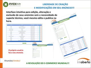 LIBERDADE DE CRIAÇÃO  E MODIFICAÇÕES EM SEU ANÚNCIO!!! A REVOLUÇÃO DO E-COMMERCE MUNDIAL!!! Interface intuitiva para edição, alteração e exclusão de seus anúncios sem a necessidade de suporte técnico, você mesmo edita e publica na hora. O próprio usuário  faz o seu anuncio. 