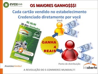 OS MAIORES GANHO$$$! A REVOLUÇÃO DO E-COMMERCE MUNDIAL!!! Você Ponto de distribuição Cada cartão vendido no estabelecimento Credenciado diretamente por você R$ 28,90  30 dias  ilimitados GANHA 4 REAIS 