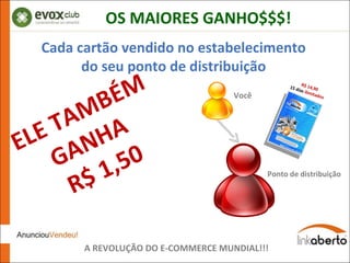 OS MAIORES GANHO$$$! A REVOLUÇÃO DO E-COMMERCE MUNDIAL!!! ELE TAMBÉM GANHA  R$ 1,50 Você Ponto de distribuição R$ 14,90  15 dias  ilimitados Cada cartão vendido no estabelecimento do seu ponto de distribuição 