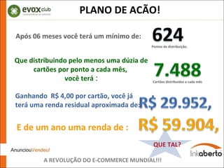 PLANO DE ACÃO! Após 06 meses você terá um mínimo de: A REVOLUÇÃO DO E-COMMERCE MUNDIAL!!! QUE TAL?   Pontos de distribuição. Que distribuindo pelo menos uma dúzia de cartões por ponto a cada mês,  você terá  : Cartões distribuídos a cada mês Ganhando  R$ 4,00 por cartão, você já terá uma renda residual aproximada de: E de um ano uma renda de : 