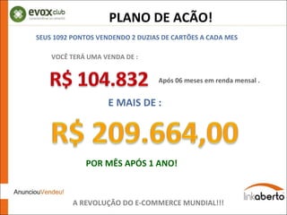 PLANO DE ACÃO! POR MÊS APÓS 1 ANO!  A REVOLUÇÃO DO E-COMMERCE MUNDIAL!!! SEUS 1092 PONTOS VENDENDO 2 DUZIAS DE CARTÕES A CADA MES  VOCÊ TERÁ UMA VENDA DE : Após 06 meses em renda mensal . E MAIS DE : 