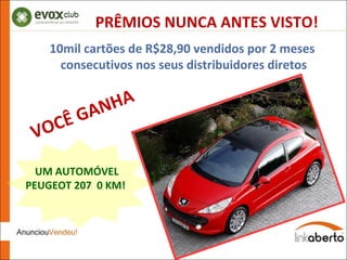 PRÊMIOS NUNCA ANTES VISTO! UM AUTOMÓVEL  PEUGEOT 207  0 KM!  10mil cartões de R$28,90 vendidos por 2 meses consecutivos nos seus distribuidores diretos VOCÊ GANHA  