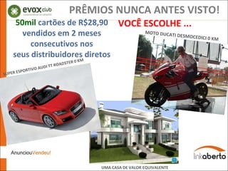 PRÊMIOS NUNCA ANTES VISTO! SUPER ESPORTIVO AUDI TT ROADSTER 0 KM  50mil  cartões de R$28,90 vendidos em 2 meses consecutivos nos seus distribuidores diretos UMA CASA DE VALOR EQUIVALENTE VOCÊ ESCOLHE ... MOTO DUCATI DESMOCEDICI 0 KM  