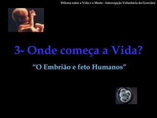 3- Onde começa a Vida?  “ O Embrião e feto Humanos”  Dilema entre a Vida e a Morte - Interrupção Voluntária da Gravidez 