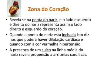 Zona do CoraçãoRevela se na ponta do nariz, e o lado esquerdo e direito do nariz representa assim o lado direito e esquerdo do coração. Quando a ponta do nariz esta inchada isto diz nos que poderá haver dilatação cardíaca e quando com a cor vermelha hipertensão.A presença de um sulco na linha média do nariz revela propensão a arritmias cardíacas.