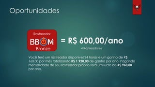 Oportunidades
Rastreador
Bronze
= R$ 600,00/ano
Você terá um rastreador disponível 24 horas e um ganho de R$
160,00 por mês totalizando R$ 1.920,00 de ganho por ano. Pagando
mensalidade de seu rastreador próprio terá um lucro de R$ 960,00
por ano.
4 Rastreadores
 