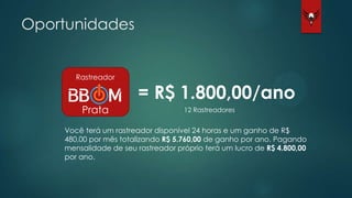 Oportunidades
Rastreador
Prata
= R$ 1.800,00/ano
Você terá um rastreador disponível 24 horas e um ganho de R$
480,00 por mês totalizando R$ 5.760,00 de ganho por ano. Pagando
mensalidade de seu rastreador próprio terá um lucro de R$ 4.800,00
por ano.
12 Rastreadores
 