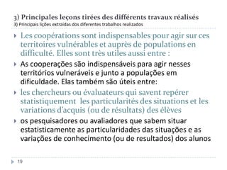 3) Principales leçons tirées des différents travaux réalisés
3) Principais lições extraídas dos diferentes trabalhos realizados









Les coopérations sont indispensables pour agir sur ces
territoires vulnérables et auprès de populations en
difficulté. Elles sont très utiles aussi entre :
As cooperações são indispensáveis para agir nesses
territórios vulneráveis e junto a populações em
dificuldade. Elas também são úteis entre:
les chercheurs ou évaluateurs qui savent repérer
statistiquement les particularités des situations et les
variations d’acquis (ou de résultats) des élèves
os pesquisadores ou avaliadores que sabem situar
estatisticamente as particularidades das situações e as
variações de conhecimento (ou de resultados) dos alunos
19

 