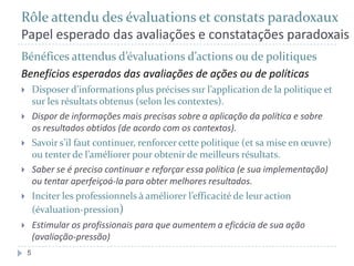 Rôle attendu des évaluations et constats paradoxaux
Papel esperado das avaliações e constatações paradoxais
Bénéfices attendus d’évaluations d’actions ou de politiques
Benefícios esperados das avaliações de ações ou de políticas
Disposer d’informations plus précises sur l’application de la politique et
sur les résultats obtenus (selon les contextes).
Dispor de informações mais precisas sobre a aplicação da política e sobre
os resultados obtidos (de acordo com os contextos).
Savoir s’il faut continuer, renforcer cette politique (et sa mise en œuvre)
ou tenter de l’améliorer pour obtenir de meilleurs résultats.
Saber se é preciso continuar e reforçar essa política (e sua implementação)
ou tentar aperfeiçoá-la para obter melhores resultados.
Inciter les professionnels à améliorer l’efficacité de leur action
(évaluation-pression)







Estimular os profissionais para que aumentem a eficácia de sua ação
(avaliação-pressão)



5

 