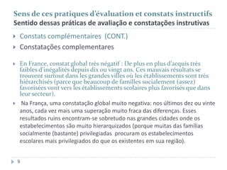 Sens de ces pratiques d’évaluation et constats instructifs
Sentido dessas práticas de avaliação e constatações instrutivas






Constats complémentaires (CONT.)
Constatações complementares
En France, constat global très négatif : De plus en plus d’acquis très
faibles d’inégalités depuis dix ou vingt ans. Ces mauvais résultats se
trouvent surtout dans les grandes villes où les établissements sont très
hiérarchisés (parce que beaucoup de familles socialement (assez)
favorisées vont vers les établissements scolaires plus favorisés que dans
leur secteur).
Na França, uma constatação global muito negativa: nos últimos dez ou vinte
anos, cada vez mais uma superação muito fraca das diferenças. Esses
resultados ruins encontram-se sobretudo nas grandes cidades onde os
estabelecimentos são muito hierarquizados (porque muitas das famílias
socialmente (bastante) privilegiadas procuram os estabelecimentos
escolares mais privilegiados do que os existentes em sua região).
9

 