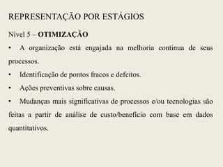 Nível 5 – OTIMIZAÇÃO
• A organização está engajada na melhoria continua de seus
processos.
• Identificação de pontos fracos e defeitos.
• Ações preventivas sobre causas.
• Mudanças mais significativas de processos e/ou tecnologias são
feitas a partir de análise de custo/benefício com base em dados
quantitativos.
REPRESENTAÇÃO POR ESTÁGIOS
 