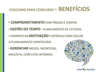 • COMPROMETIMENTO COM PRAZOS E TAREFAS
• GESTÃO DO TEMPO - PLANEJAMENTO DE ESTUDOS.
• FOMENTO DA MOTIVAÇÃO E ESTÍMULO PARA SEGUIR
O PLANEJAMENTO CONSTRUÍDO.
• GERENCIAR MEDOS, INCERTEZAS,
ANGÚSTIA, CONFLITOS INTERNOS.
COACHING PARA CONCURSO - BENEFÍCIOS
 
