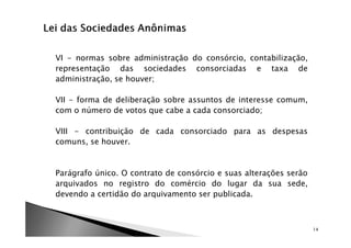 VI - normas sobre administração do consórcio, contabilização,
representação das sociedades consorciadas e taxa de
administração, se houver;

VII - forma de deliberação sobre assuntos de interesse comum,
com o número de votos que cabe a cada consorciado;

VIII - contribuição de cada consorciado para as despesas
comuns, se houver.


Parágrafo único. O contrato de consórcio e suas alterações serão
arquivados no registro do comércio do lugar da sua sede,
devendo a certidão do arquivamento ser publicada.



                                                                   14
 