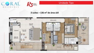 3 suítes – 136 m² de área útil
Unidade Tipo
 
