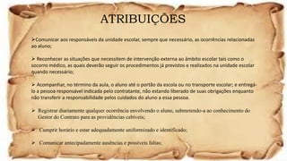 ATRIBUIÇÕES
Comunicar aos responsáveis da unidade escolar, sempre que necessário, as ocorrências relacionadas
ao aluno;
 Reconhecer as situações que necessitem de intervenção externa ao âmbito escolar tais como o
socorro médico, as quais deverão seguir os procedimentos já previstos e realizados na unidade escolar
quando necessário;
 Acompanhar, no término da aula, o aluno até o portão da escola ou no transporte escolar; e entregá-
lo a pessoa responsável indicada pelo contratante, não estando liberado de suas obrigações enquanto
não transferir a responsabilidade pelos cuidados do aluno a essa pessoa.
 Registrar diariamente qualquer ocorrência envolvendo o aluno, submetendo-a ao conhecimento do
Gestor do Contrato para as providências cabíveis;
 Cumprir horário e estar adequadamente uniformizado e identificado;
 Comunicar antecipadamente ausências e possíveis faltas;
 