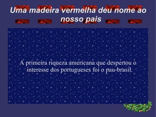 Uma madeira vermelha deu nome ao nosso pais A primeira riqueza americana que despertou o interesse dos portugueses foi o pau-brasil. 
