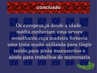 Os europeus,já desde a idade média,conheciam uma arvore semelhante,cuja madeira fornecia uma tinta  muito utilizada para tingir tecido,para pinta manuscritos e ainda para trabalhos de marcenaria conclusão 