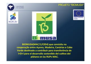 PROJETO “BIOMUSA”
UNIVERSIDADE
DOS AÇORES
BIOMUSA(MAC/1/C054)	
  que	
  consisVu	
  na	
  
cooperação	
  entre	
  Açores,	
  Madeira,	
  Canárias	
  e	
  Cabo	
  
Verde	
  desVnado	
  a	
  contribuir	
  para	
  transferência	
  de	
  
I+D+i	
  para	
  el	
  desarrollo	
  sostenible	
  del	
  culVvo	
  del	
  
plátano	
  en	
  las	
  RUPs	
  MAC.	
  
	
  
 
