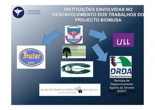 INSTITUIÇÕES ENVOLVIDAS NO
DESENVOLVIMENTO DOS TRABALHOS DO
PROJECTO BIOMUSA
Serviços de
Desenvolvimento
Agrário da Terceira
(SDAT)
CITAA
UNIVERSIDADE
DOS AÇORES
Serviços de
Desenvolvimento
Agrário da Terceira
(SDAT)
 