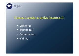 Culturas a estudar no projeto Interfruta II:
•  Macieira;	
  
•  Bananeira;	
  
•  Castanheiro;	
  
•  e	
  Vinha.	
  
UNIVERSIDADE
DOS AÇORES
 