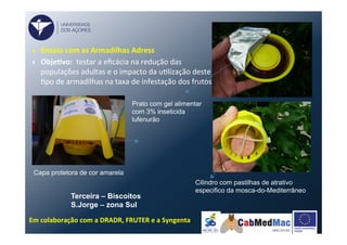 }  Ensaio	
  com	
  as	
  Armadilhas	
  Adress	
  	
  
}  ObjeVvo:	
  	
  testar	
  a	
  eﬁcácia	
  na	
  redução	
  das	
  
populações	
  adultas	
  e	
  o	
  impacto	
  da	
  uFlização	
  deste	
  
Fpo	
  de	
  armadilhas	
  na	
  taxa	
  de	
  infestação	
  dos	
  frutos	
  
Prato com gel alimentar
com 3% inseticida
lufenurão
Cilindro com pastilhas de atrativo
especifico da mosca-do-Mediterrâneo
Capa protetora de cor amarela
Terceira – Biscoitos
S.Jorge – zona Sul
Em	
  colaboração	
  com	
  a	
  DRADR,	
  FRUTER	
  e	
  a	
  Syngenta	
  
UNIVERSIDADE
DOS AÇORES
 