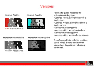 Versões
                                                  Foi criado quatro modelos de
  Colorida Positiva      Colorida Negativa        aplicações de logotipo.
                                                  •Colorida Positiva: colorida sobre o
                                                  fundo claro.
                                                  •Colorida Negativa: colorida sobre o
                                                  fundo escuro.
                                                  •Monocromático Positiva:
                                                  monocromático sobre fundo claro.
                                                  •Monocromático Negativo:
                                                  monocromático sobre o fundo escuro.
Monocromático Positiva   Monocromático Negativo
                                                  O preferencial foi o colorido positivo,
                                                  pois o fundo é claro e suas cores
                                                  transmitem dinamismo, nobreza e
                                                  seriedade.
 