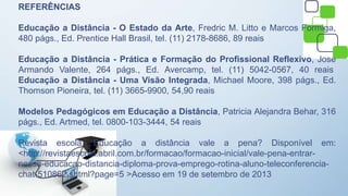 REFERÊNCIAS
Educação a Distância - O Estado da Arte, Fredric M. Litto e Marcos Formiga,
480 págs., Ed. Prentice Hall Brasil, tel. (11) 2178-8686, 89 reais
Educação a Distância - Prática e Formação do Profissional Reflexivo, Jose
Armando Valente, 264 págs., Ed. Avercamp, tel. (11) 5042-0567, 40 reais
Educação a Distância - Uma Visão Integrada, Michael Moore, 398 págs., Ed.
Thomson Pioneira, tel. (11) 3665-9900, 54,90 reais
Modelos Pedagógicos em Educação a Distância, Patricia Alejandra Behar, 316
págs., Ed. Artmed, tel. 0800-103-3444, 54 reais
Revista escola, Educação a distância vale a pena? Disponível em:
<http://revistaescola.abril.com.br/formacao/formacao-inicial/vale-pena-entrar-
nessa-educacao-distancia-diploma-prova-emprego-rotina-aluno-teleconferencia-
chat-510862.shtml?page=5 >Acesso em 19 de setembro de 2013
 