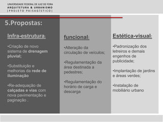 UNVERSIDADE FEDERAL DE JUIZ DE FORA
ARQUITETURA & URBANISMO
|PROJETO PAISAGÍSTICO|



5.Propostas:
Infra-estrutura:                      funcional:                Estética-visual:
•Criação de novo                      •Alteração da             •Padronização dos
sistema de drenagem                   circulação de veículos;   letreiros e demais
pluvial;                                                        engenhos de
                                      •Regulamentação da        publicidade;
•Substituição e                       área destinada a
melhorias da rede de                  pedestres;                •Implantação de jardins
iluminação                                                      e áreas verdes;
                                      •Regulamentação do
•Re-adequação de                      horário de carga e        •Instalação de
calçadas e vias com                   descarga                  mobiliário urbano
nova pavimentação e
paginação .
 