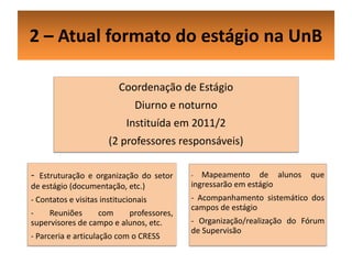 2 – Atual formato do estágio na UnB

                          Coordenação de Estágio
                               Diurno e noturno
                            Instituída em 2011/2
                       (2 professores responsáveis)

- Estruturação e organização do setor    -  Mapeamento de alunos      que
de estágio (documentação, etc.)          ingressarão em estágio
- Contatos e visitas institucionais      - Acompanhamento sistemático dos
                                         campos de estágio
-   Reuniões      com     professores,
supervisores de campo e alunos, etc.     - Organização/realização do Fórum
                                         de Supervisão
- Parceria e articulação com o CRESS
 