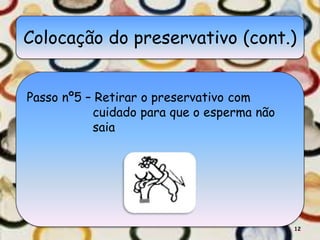 Colocação do preservativo (cont.)
Passo nº5 – Retirar o preservativo com
cuidado para que o esperma não
saia
12
 