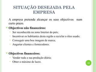 SITUAÇÃO DESEJADA PELA
               EMPRESA
  A empresa pretende alcançar os seus objectivos num
  curto prazo.
 Objectivos não financeiros:
    • Ser reconhecida na zona Interior do país;
    • Incentivar os habitantes desta região a reciclar o óleo usado;
    • Conseguir uma boa imagem de marca;
    • Angariar clientes e fornecedores.


   Objectivos financeiros:
    • Vender toda a sua produção diária;
    • Obter o máximo de lucro.
                                                                       12
 