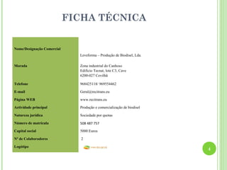 FICHA TÉCNICA


Nome/Designação Comercial
                              Leveforma – Produção de Biodisel, Lda.

Morada                        Zona industrial do Canhoso
                              Edificio Tecnat, lote C3, Cave
                              6200-027 Covilhã

Telefone                      968425118/ 969554462

E-mail                        Geral@recitrans.eu

Página WEB                    www.recitrans.eu

Actividade principal          Produção e comercialização de biodisel

Natureza jurídica             Sociedade por quotas

Número de matrícula           508 487 757

Capital social                5000 Euros

Nº de Colaboradores           2

Logótipo
                                                                       4
 