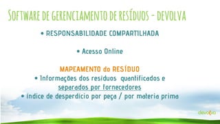 Software de gerenciamento de resíduos - devolva
• RESPONSABILIDADE COMPARTILHADA
• Acesso Online
MAPEAMENTO do RESÍDUO
• Informações dos resíduos quantificados e
separados por fornecedores
• índice de desperdício por peça / por materia prima

 