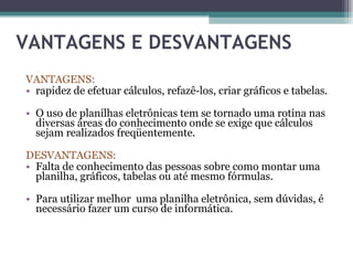 VANTAGENS E DESVANTAGENS  VANTAGENS: rapidez de efetuar cálculos, refazê-los, criar gráficos e tabelas. O uso de planilhas eletrônicas tem se tornado uma rotina nas diversas áreas do conhecimento onde se exige que cálculos sejam realizados freqüentemente.  DESVANTAGENS:  Falta de conhecimento das pessoas sobre como montar uma planilha, gráficos, tabelas ou até mesmo fórmulas. Para utilizar melhor  uma planilha eletrônica, sem dúvidas, é necessário fazer um curso de informática. 