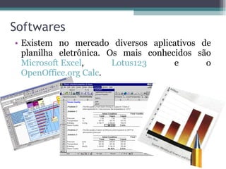 Softwares Existem no mercado diversos aplicativos de planilha eletrônica. Os mais conhecidos são  Microsoft Excel ,  Lotus123  e o  OpenOffice.org Calc . 