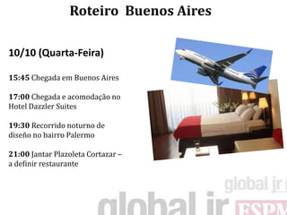 Roteiro Buenos Aires

10/10 (Quarta-Feira)

15:45 Chegada em Buenos Aires

17:00 Chegada e acomodação no
Hotel Dazzler Suites

19:30 Recorrido noturno de
diseño no bairro Palermo

21:00 Jantar Plazoleta Cortazar –
a definir restaurante
 