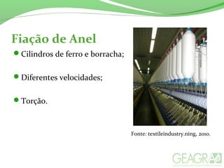 Fiação de Anel
Cilindros de ferro e borracha;
Diferentes velocidades;
Torção.
Fonte: textileindustry.ning, 2010.
 