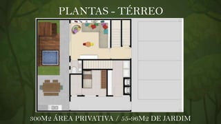 PLANTAS - TÉRREO

300M2 ÁREA PRIVATIVA / 55-96M2 DE JARDIM

 